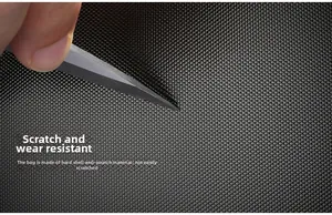 Macro shot of durable scratch-resistant hardshell texture on black computer backpack