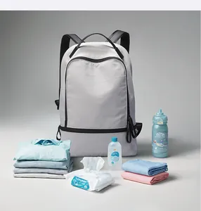 Detailed view of grey travel backpack with spacious main compartment and outdoor gear