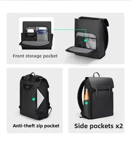 Detailed views of backpack front storage, anti-theft back pocket and side pockets
