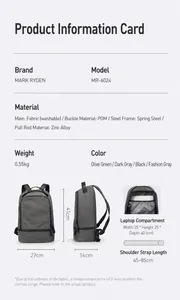 Detailed spec sheet showing MARK RYDEN MR-6024 backpack dimensions and fabric materials