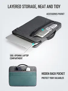 Grey waterproof laptop briefcase with side-loading main compartment and hidden anti-theft pocket