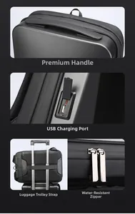 Detail of laptop backpack featuring USB charging port and luggage strap on back
