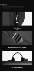 Detail of premium YKK metal zipper and high-density strap buckle on durable black backpack