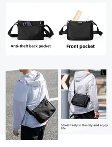 Detailed view of the front zipper pocket and anti-theft back pocket on the black crossbody bag