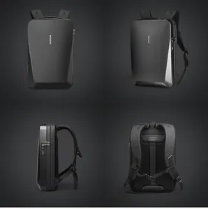 Hard shell laptop backpack showing four angles with TSA lock and ergonomic mesh back padding