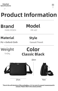 Detailed specifications of black Oxford fabric shoulder bag with size and multi-layer structure