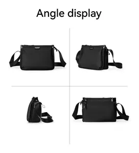 Black cross-body messenger bag displayed from front, side, and rear angles