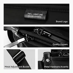 Business Oxford shoulder bag details with brand logo, metal zipper, and adjustable strap