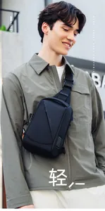 Close-up of Mark Ryden chest bag with geometric design and USB port for urban travel