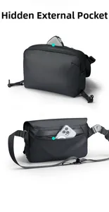 Detail of hidden outer pocket on black shoulder bag storing smartphone and card holder
