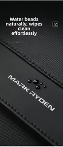 Close-up of waterproof Oxford fabric showing water beads on Mark Ryden messenger bag