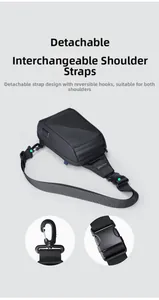 Detail of detachable shoulder strap with metal hooks for left or right side carrying