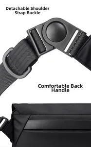 Detail of detachable shoulder strap buckle and back handle on oxford messenger bag