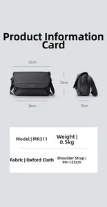 Detailed dimension guide for Mark Ryden black oxford messenger bag model MR311