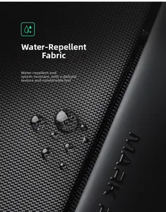 Close-up of black water-resistant fabric with hydrophobic beads and MAR logo engraving