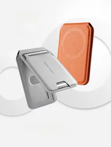 Slim magnetic MagSafe wallet phone stand in orange and grey leather texture with card slot