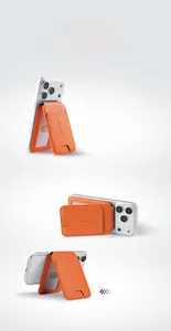 Orange leather MagSafe card wallet showing vertical, horizontal, and floating stand modes