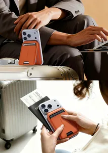 Macro shot of orange leather Magsafe wallet stand showing card slot and magnetic back