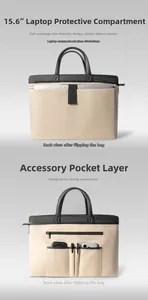 Detail of 15.6 inch laptop bag inner compartment with elastic strap and accessory pockets