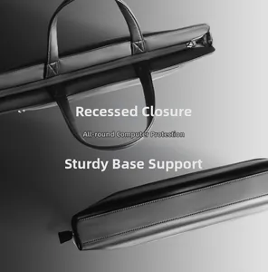 Detail of laptop bag with recessed zipper closure and reinforced anti-shock bottom support
