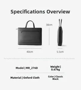 Detailed specs of the 15.6 inch black business laptop bag showing size and oxford fabric texture