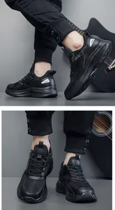 Close-up of black breathable mesh sneakers for men featuring thick supportive soles
