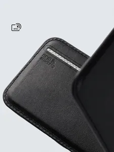 Slim black leather MagSafe wallet with RFID blocking and textured lychee pattern finish