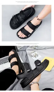 Detail of men's black sport sandals with adjustable velcro straps and thick cushion sole