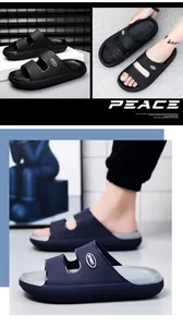 Detail view of EVA thick sole flip flops with SPORT logo and non-slip texture for men