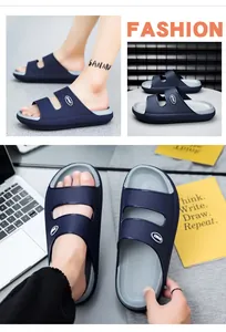 Detail showing the deep blue EVA double-strap sport slide sandals on a white stand