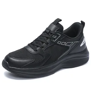 All-black men's casual sneakers with breathable mesh and leather patch on thick sole