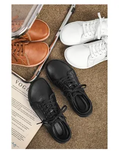 Vista piatta di scarpe casual in pelle a punta larga nei colori marrone, bianco e nero