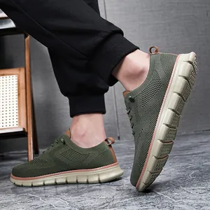 Close-up of army green breathable knit loafers with thick beige anti-slip outsoles