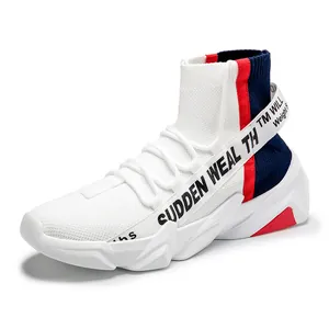 White high-top fly-knit sock sneakers with red and blue striped accents on thick sole
