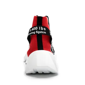 Detailed back view of red flyknit high-top sock sneakers with industrial stripe strap