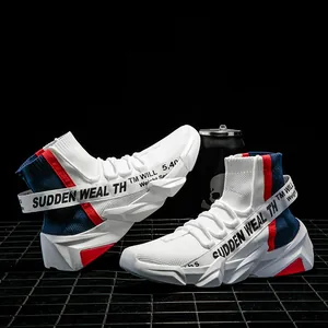 Macro shot of high-top sock sneakers featuring modular geometric soles and street style design
