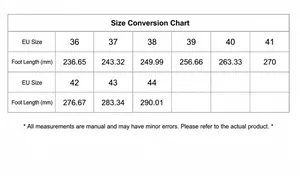 Size chart showing foot length measurements for lightweight breathable mesh shoes