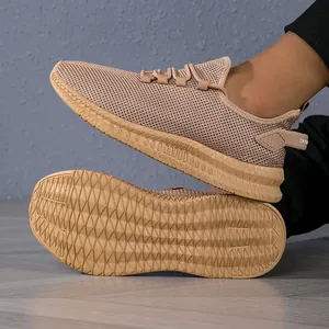 Men's breathable light brown knitted running sneakers with non-slip thick rubber soles