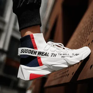 Men High Top Sock Sneakers Flying Knit Breathable Sports Shoes Geometric Thick Sole Streetwear Fashion Casual Walking Shoes