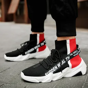 High-top knit sock sneakers for men in black and red with bold lettered straps
