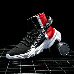 Men's high-top knit sneakers in black, red, and white with a chunky sole and text webbing
