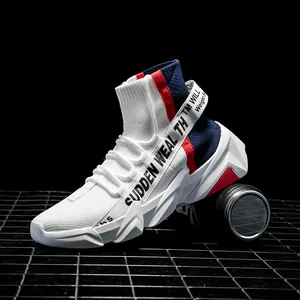 High-top knit sock sneakers with tricolor design and chunky non-slip sole in white and red