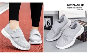 Close-up of grey breathable mesh walking shoe with Velcro strap and non-slip sole