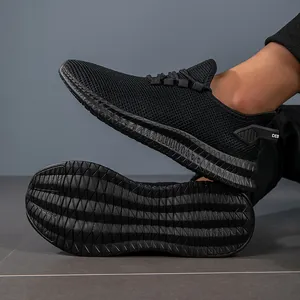 All-black breathable knitted running shoes with anti-slip rubber soles and lightweight mesh