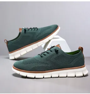 Detail of green knitted mesh men's loafer with brown leather accents on white platform