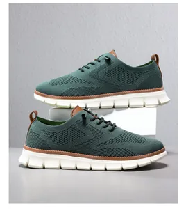 Close-up of breathable green knit mesh fabric and durable white sawtooth sole on loafer