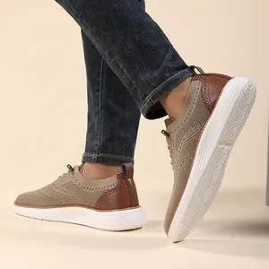 Detailed side view of khaki knit loafers featuring premium brown leather accents and white soles