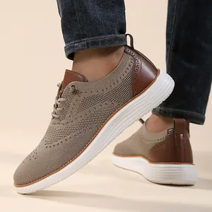 On-foot view of brown knit loafers with brogue details and thick white rubber soles