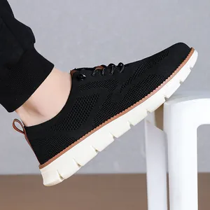 Men's breathable knit running shoes with white anti-slip sole and brown leather accents