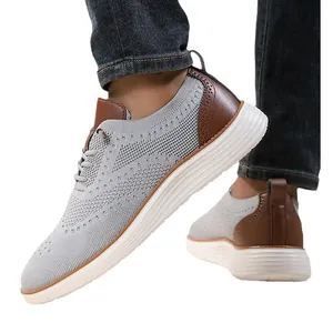 Men's breathable grey flyknit sneakers with premium brown leather trim and thick white sole